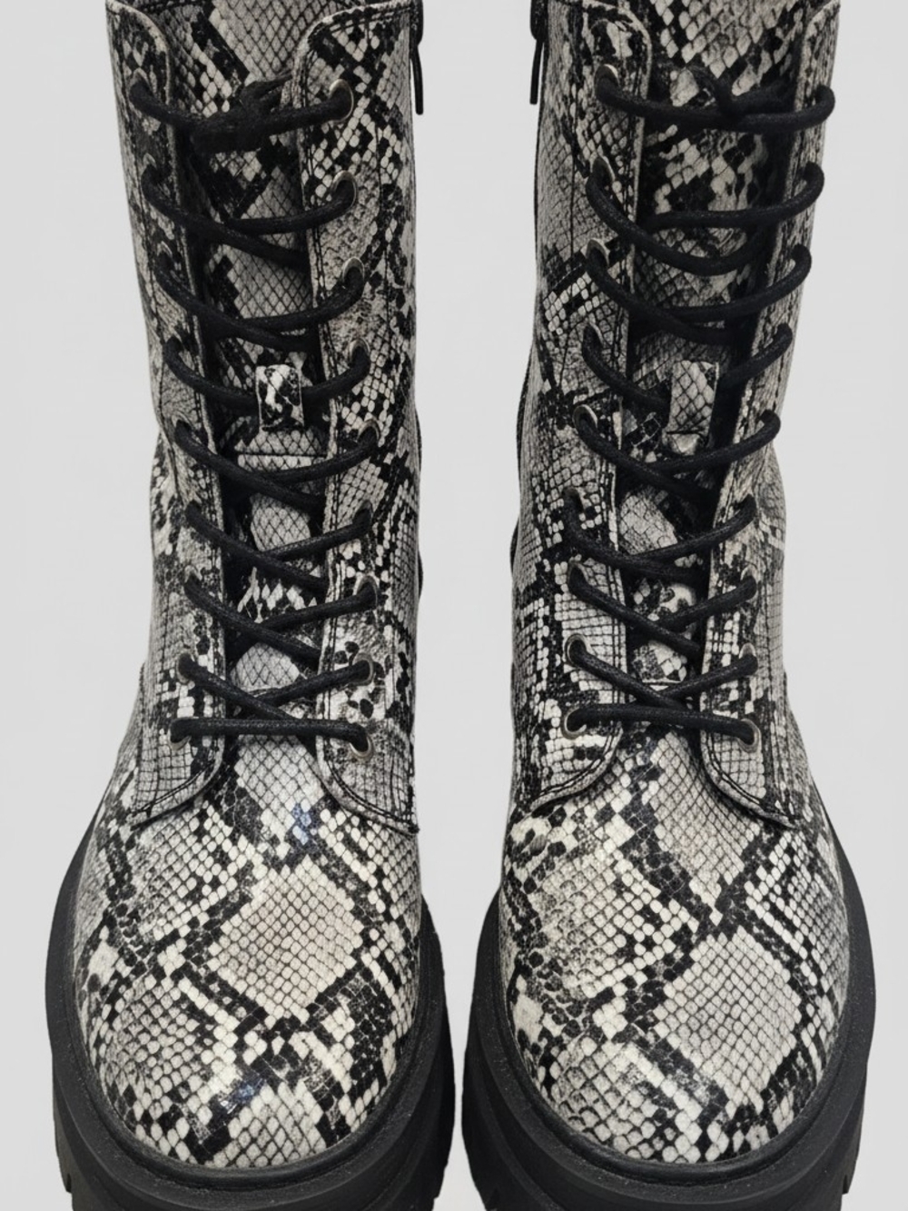 New York & Company Snake-Print Combat Boots - Black & White